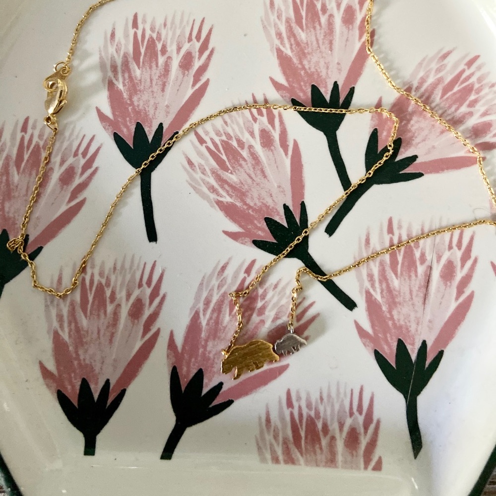 Gold and silver mama bear and baby bear necklace